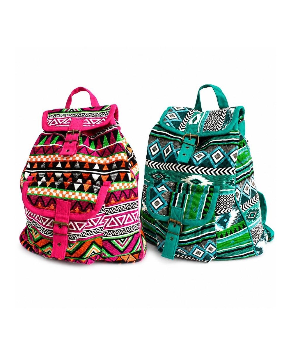 Mochila de algodón con tejido jacquard étnico para uso diario, viajes y ocio. Disponible en dos colores.