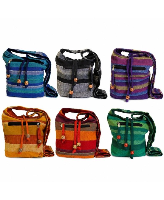 Presentación frontal de bandolera de algodón artesanal disponible en varios colores.