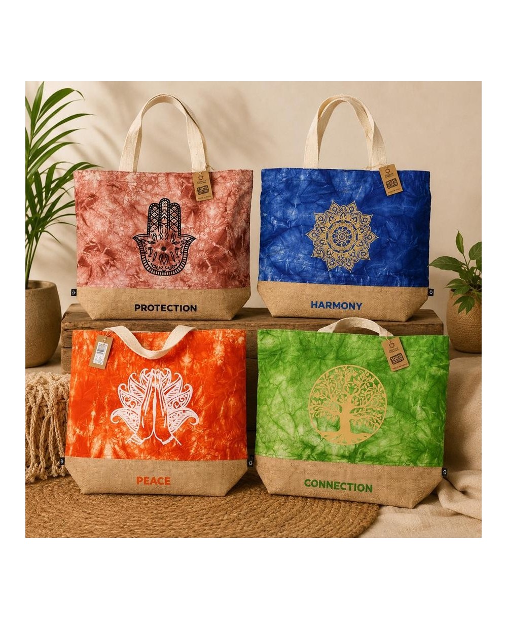 Bolsa natural reutilizable con árbol de la vida, namasté, hamsa y mandala.