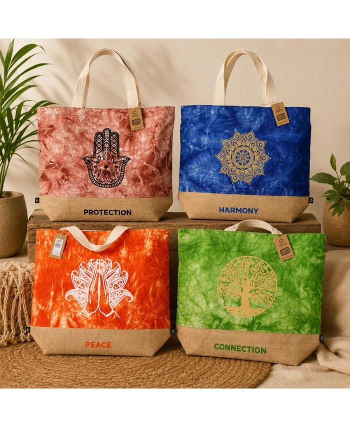 Bolsa natural reutilizable con árbol de la vida, namasté, hamsa y mandala.