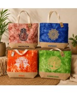 Bolsa natural reutilizable con árbol de la vida, namasté, hamsa y mandala.