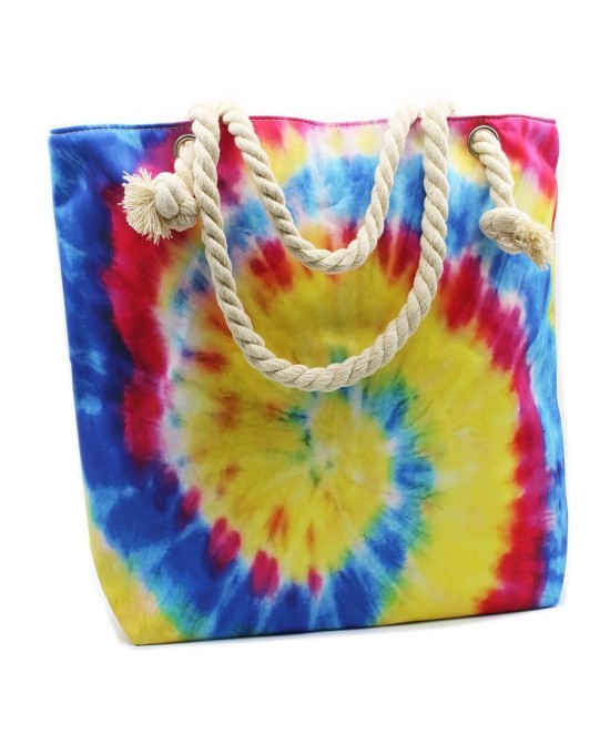 Bolsa tie dye multicolor con asas de cuerda para playa y verano.