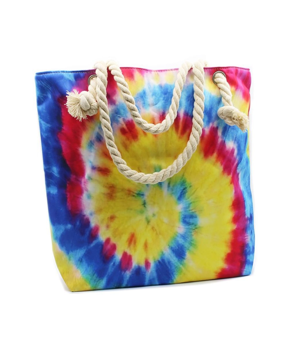 Bolsa tie dye multicolor con asas de cuerda para playa y verano.