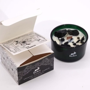 Caja ilustrada de vela artesanal sostenible con símbolos de claridad y enfoque interior.