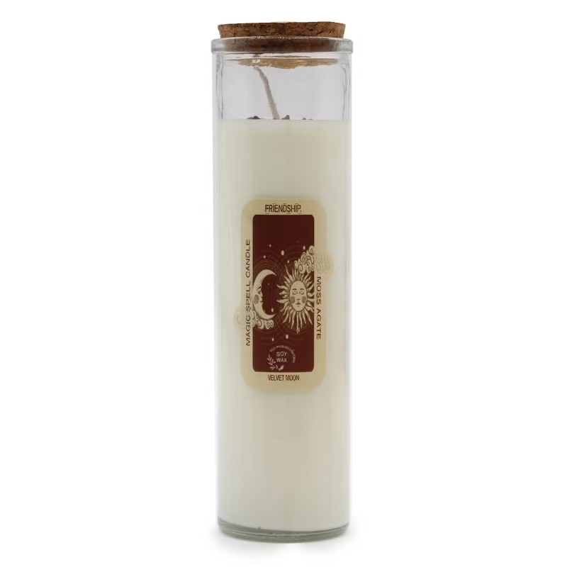 Vela para ritual de amistad con ágata musgosa, cera natural de soja y envase de cristal reutilizable.