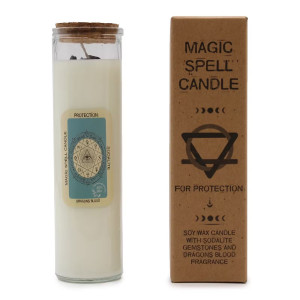Vela ritual de protección en envase de vidrio con cera de soja y minerales naturales para uso espiritual consciente.