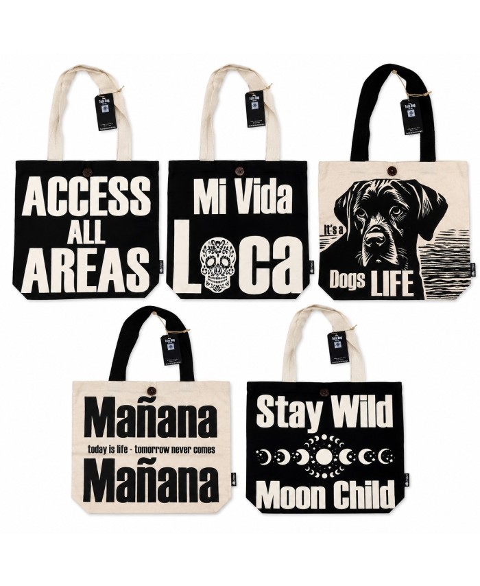Colección de bolsas shopper de algodón disponibles en cinco diseños originales.