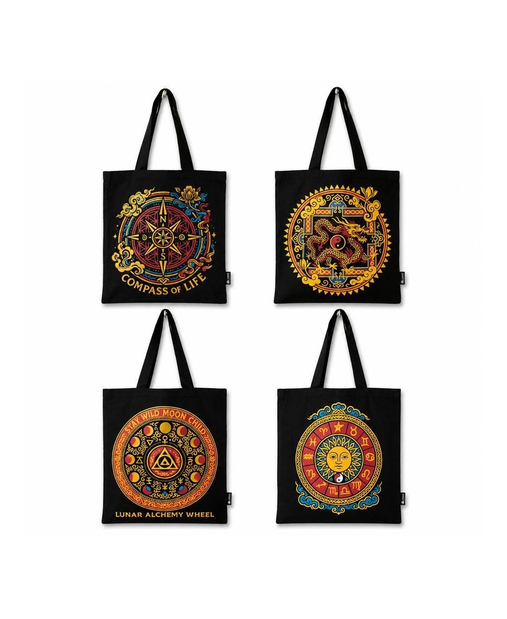 Colección de bolsas tote negras disponibles en cuatro diseños celestiales y espirituales.
