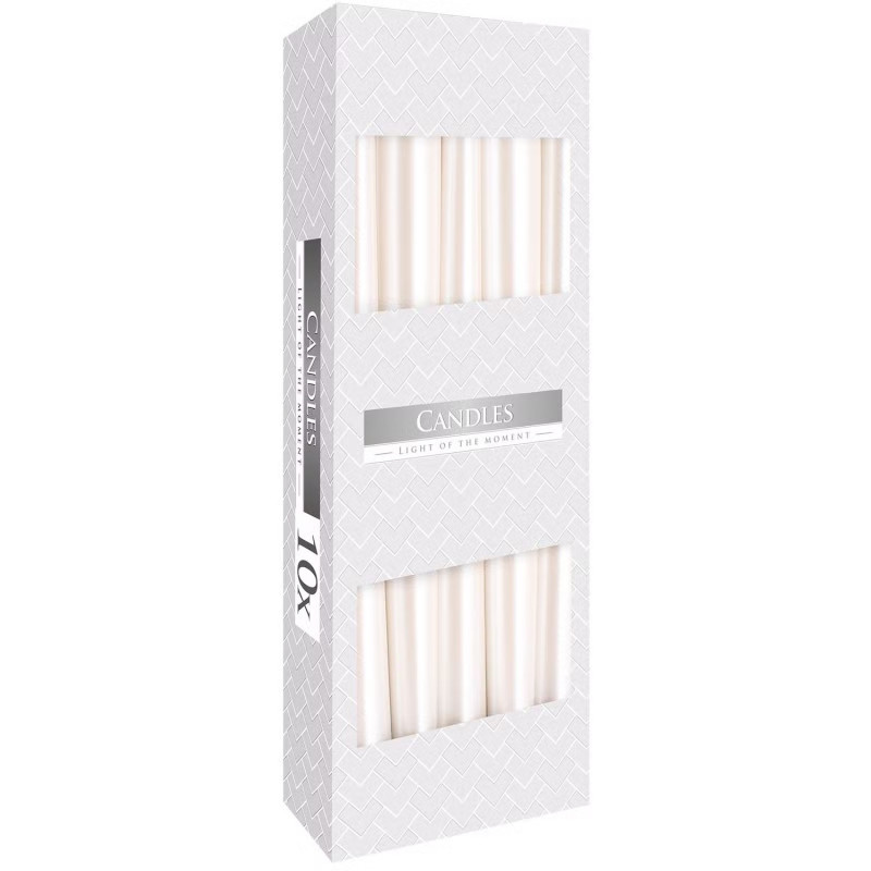 Pack de 10 velas cónicas rústicas color perla con acabado elegante.