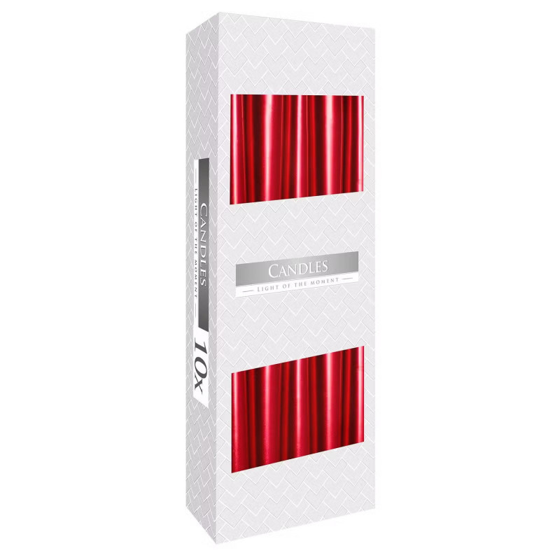 Pack de 10 velas cónicas rústicas rojo metálico para ocasiones especiales.