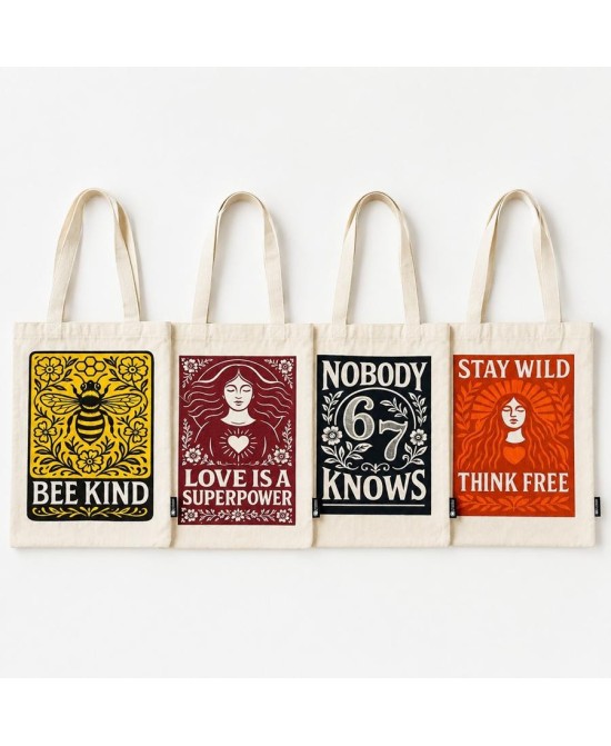 Colección de bolsas tote de algodón disponibles en cuatro diseños inspiradores.