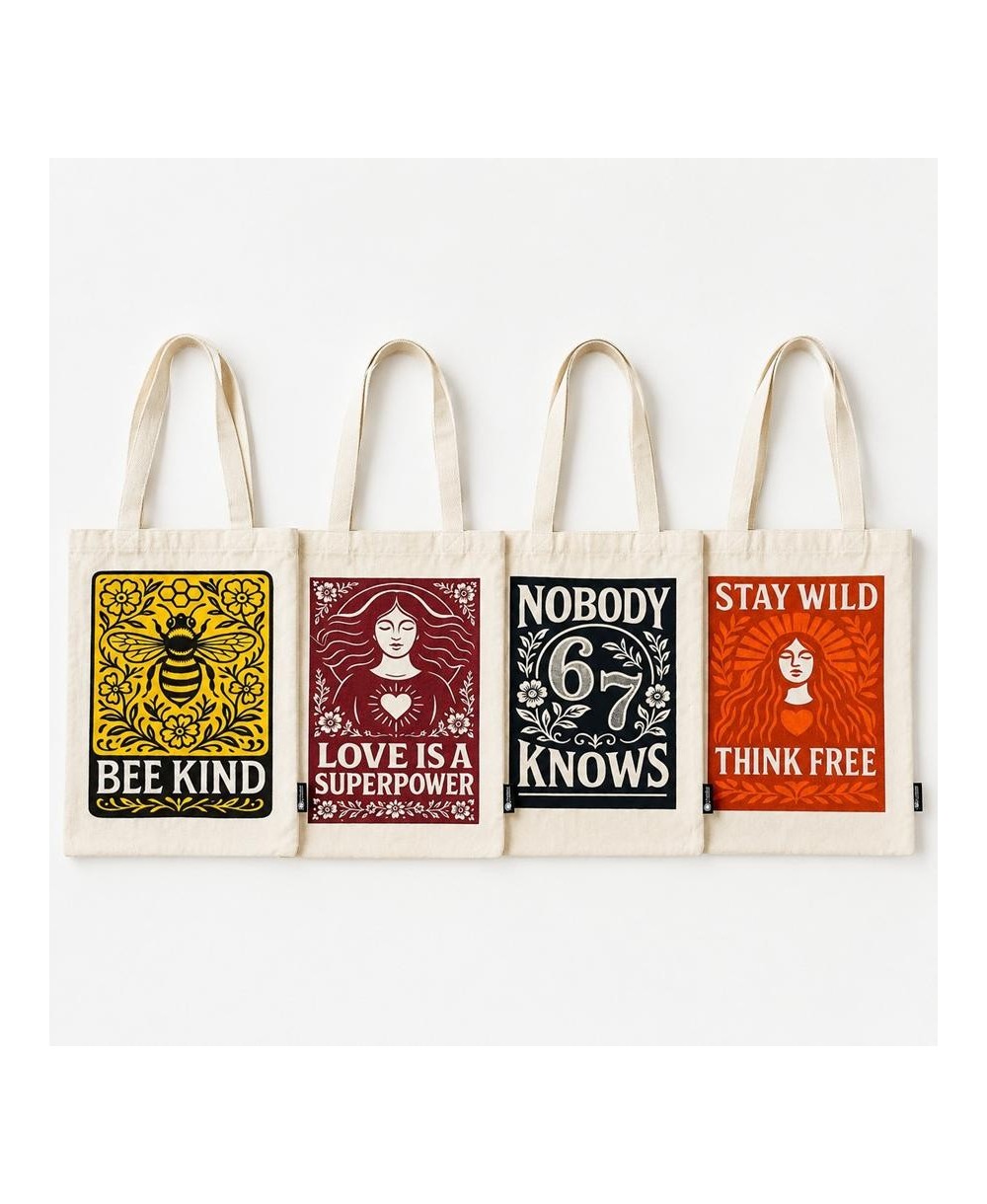 Colección de bolsas tote de algodón disponibles en cuatro diseños inspiradores.