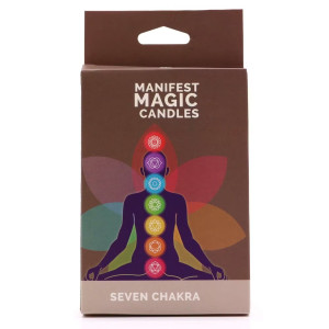 Caja de presentación de velas de los siete chakras con diseño simbólico de chakras.