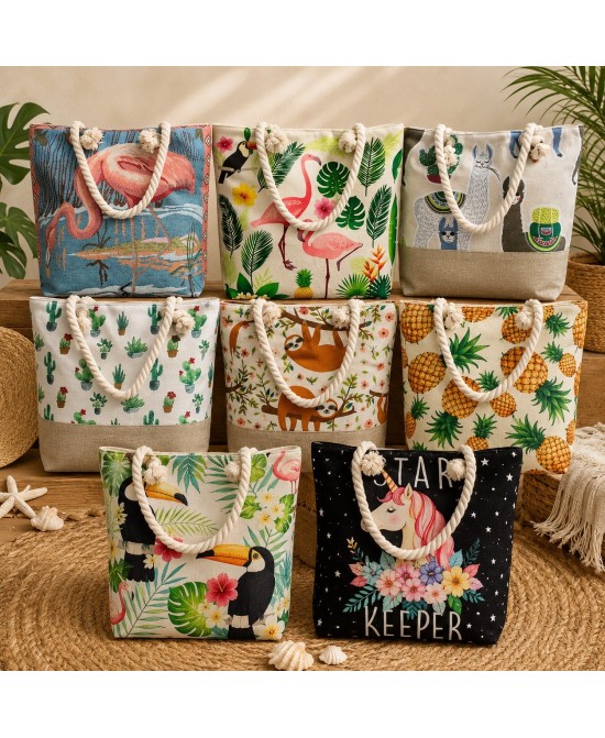 Bolsos grandes estampados con asas de cuerda y disponibles en varios diseños.