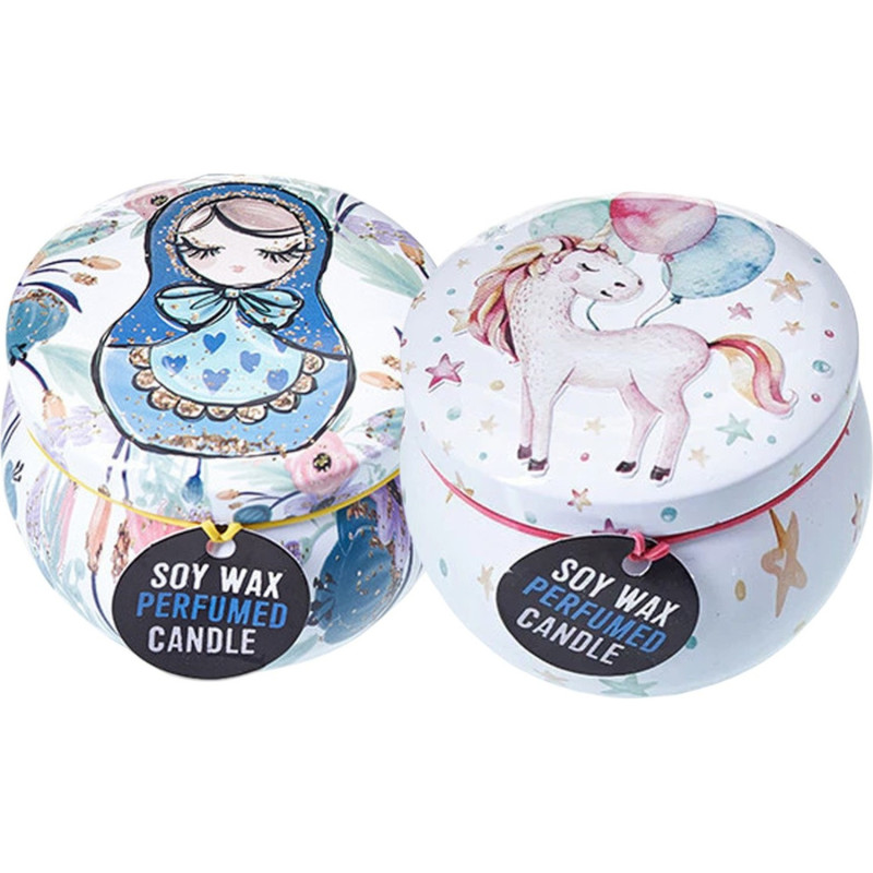 Presentación de velas de soja en lata ilustrada con dos diseños artísticos.