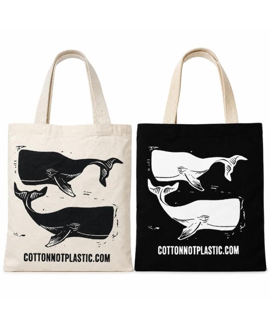 Colección de bolsas tote de algodón con diseño de ballenas disponibles en dos colores.