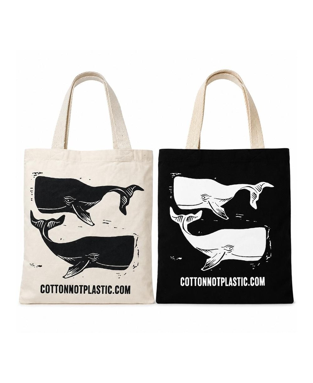 Colección de bolsas tote de algodón con diseño de ballenas disponibles en dos colores.