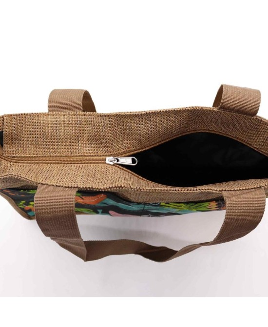 Cremallera de la Bolsa de yute natural con estampado de hojas tropicales.