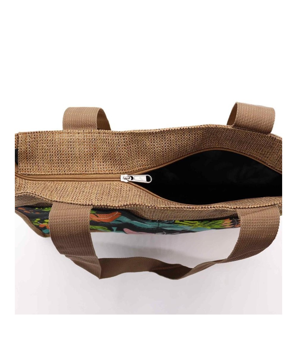 Cremallera de la Bolsa de yute natural con estampado de hojas tropicales.
