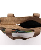 Cremallera de la Bolsa de yute natural con estampado de hojas tropicales.