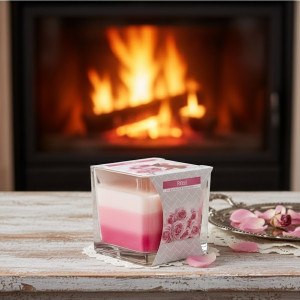 Vela arcoíris en envase de cristal abierta varios aromas dispnibles.