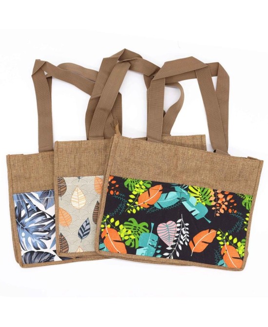 Bolsa de compra de yute natural con algodón con varios diseños tropicales.