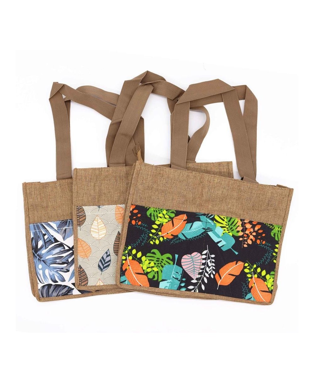 Bolsa de compra de yute natural con algodón con varios diseños tropicales.