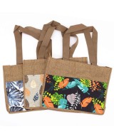 Bolsa de compra de yute natural con algodón con varios diseños tropicales.
