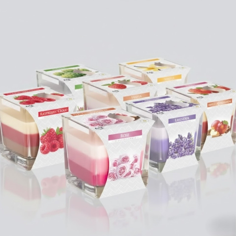 Vela arcoíris en envase de cristal abierta varios aromas dispnibles.