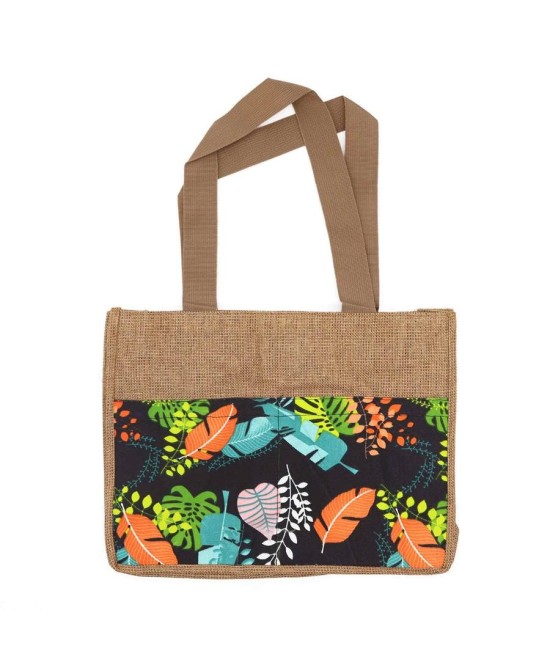 Bolsa reutilizable de yute natural con panel decorativo tropical para compras sostenibles.