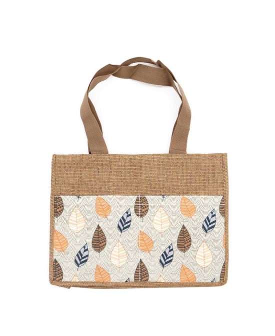 Bolsa de yute natural con estampado de hojas tropicales para transporte diario.