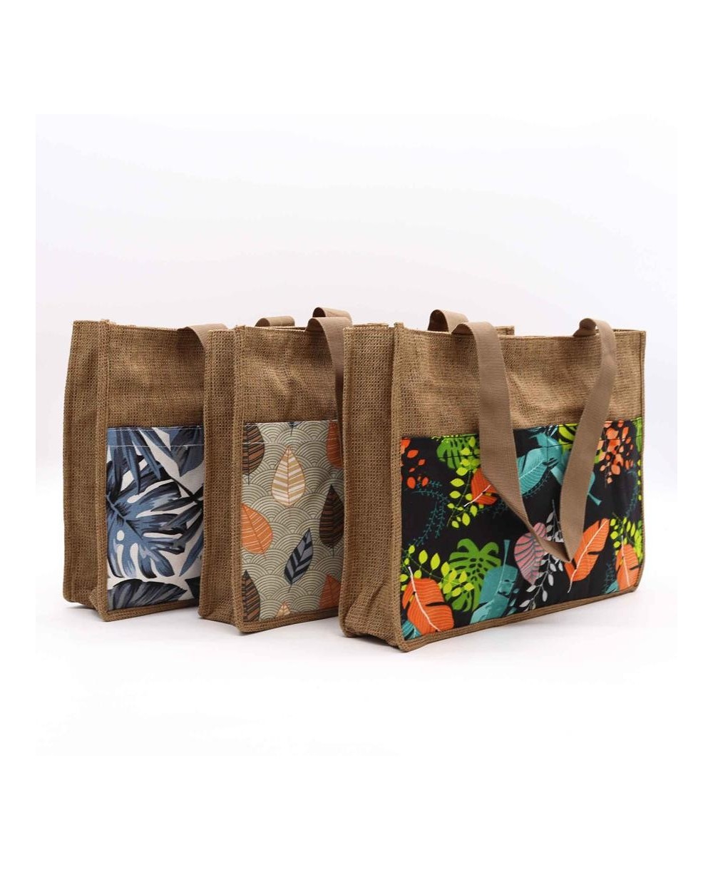 Bolsa de compra de yute natural con varios diseños tropicales para compras y uso diario.