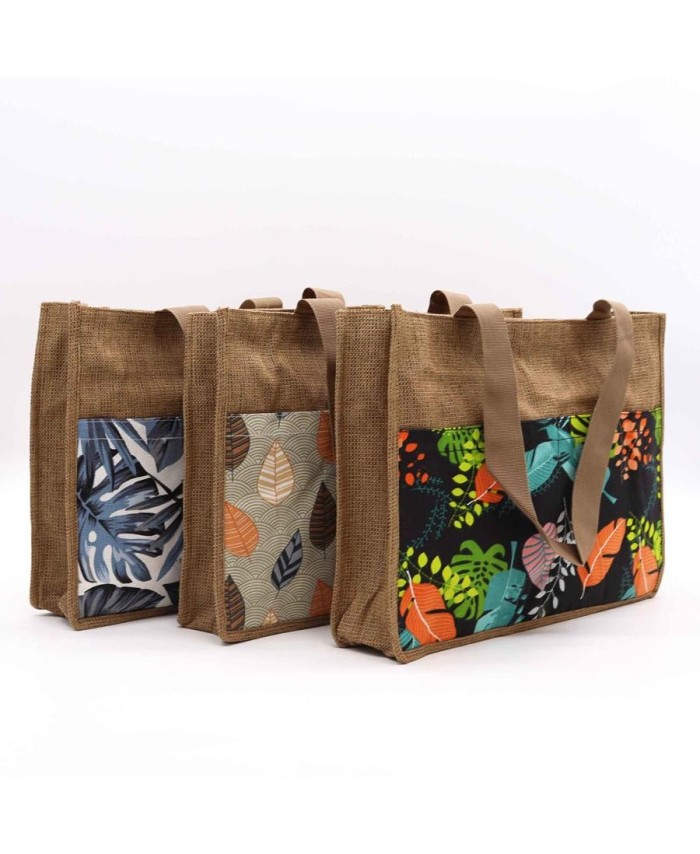 Bolsa de compra de yute natural con varios diseños tropicales para compras y uso diario.