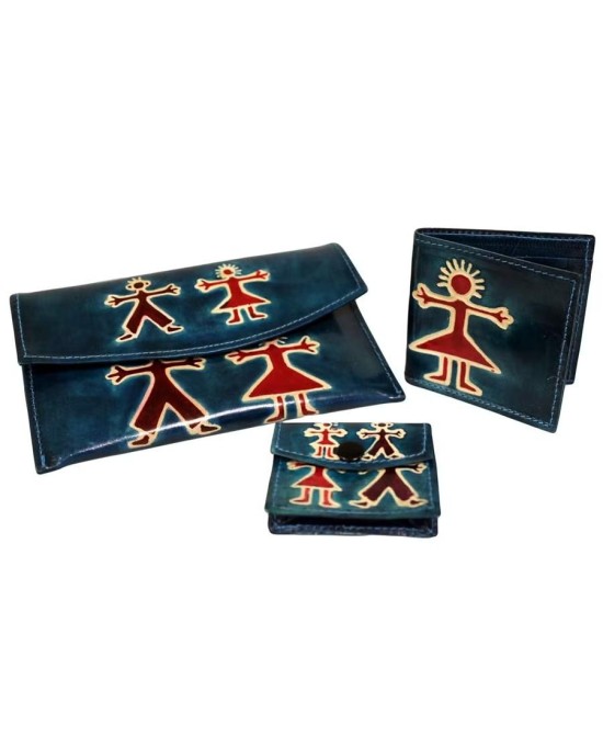 Set de carteras de piel con billetera, monedero y cartera decorados con figuras tribales para organizar dinero y tarjetas.