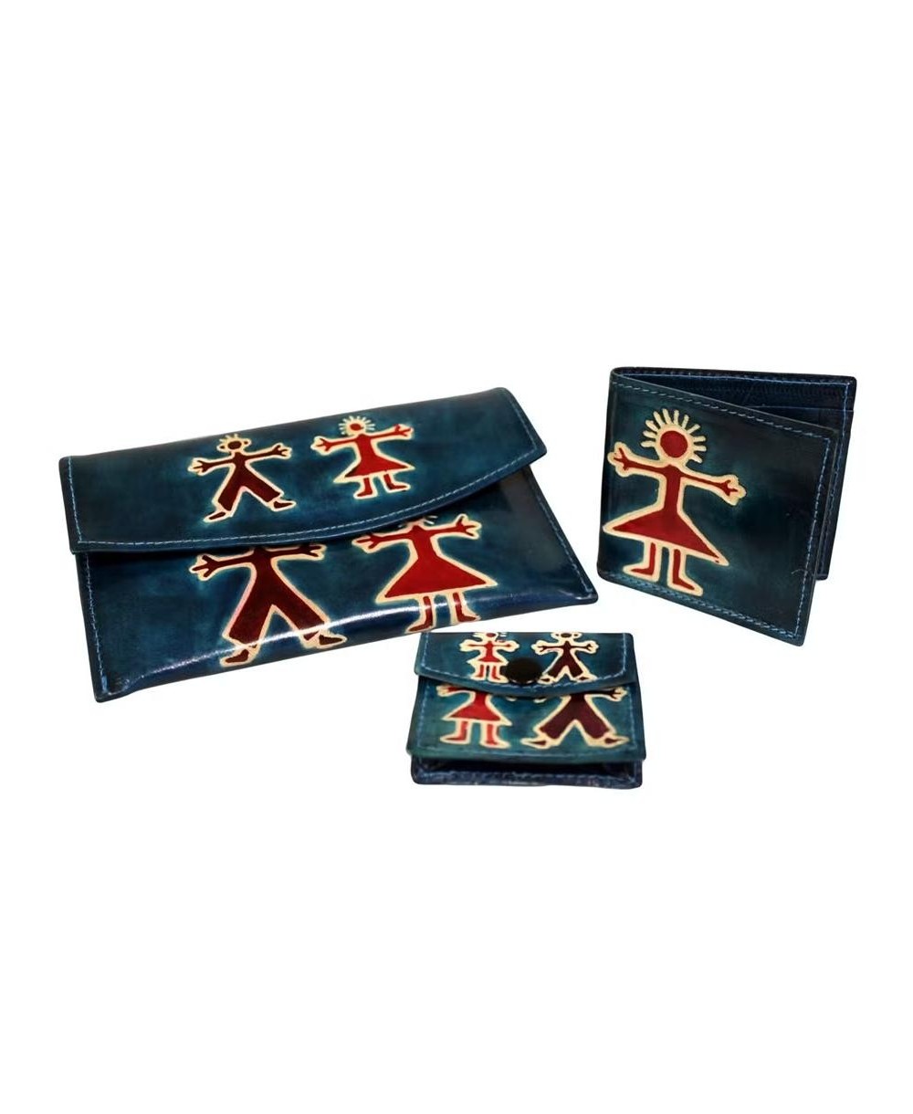 Set de carteras de piel con billetera, monedero y cartera decorados con figuras tribales para organizar dinero y tarjetas.