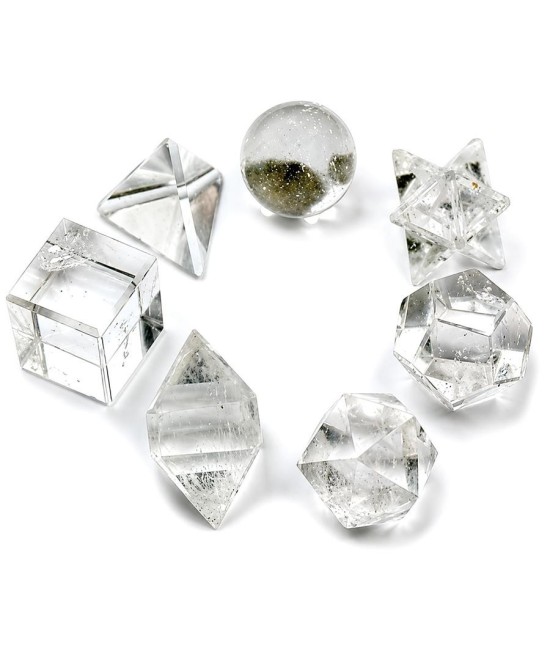 Set de siete piezas geométricas de cuarzo cristal natural para meditación y Feng Shui.