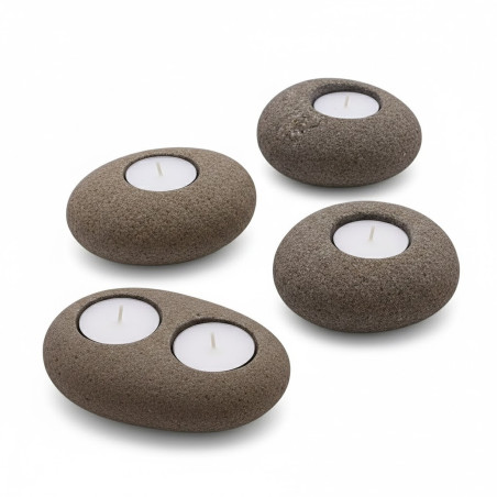 Portavelas individuales y dobles de piedra de río natural con diseño orgánico.
