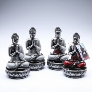 Vista de los colores de los portavelas decorativo de Buda en resina.