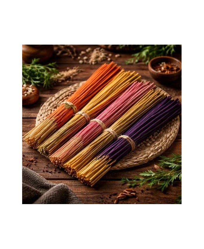 Presentación de varias varillas de incienso aromático con soporte de bambú para perfumar el hogar.