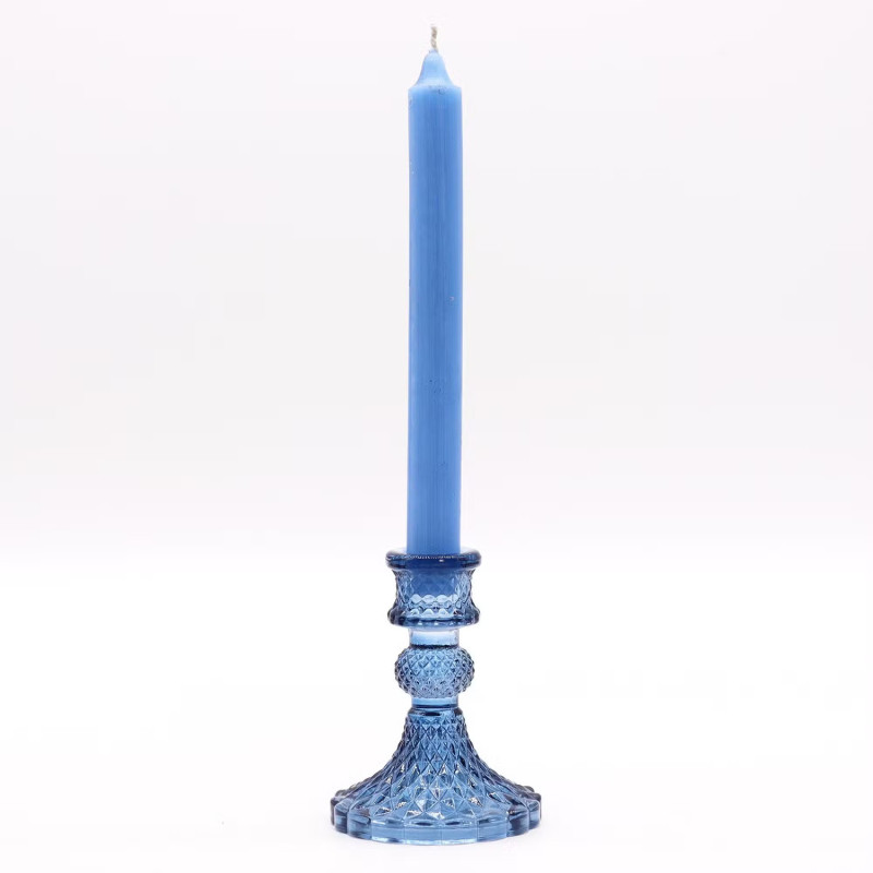 Candelabro vintage de cristal prensado azul para vela de cena, pieza decorativa para mesa o aparador.