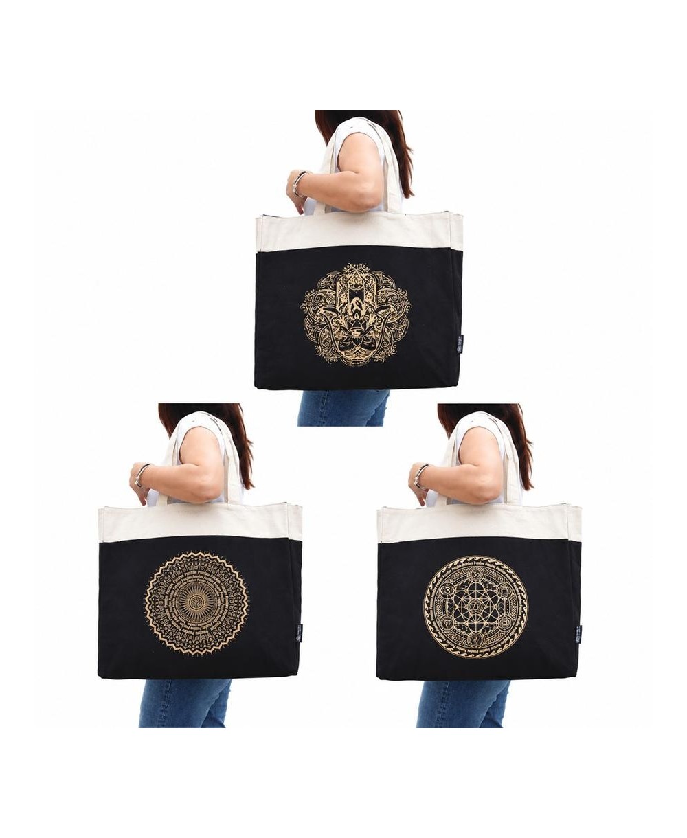 Diseños de los bolsos tote extragrande de algodón con asas largas y diseños místicos dorados.