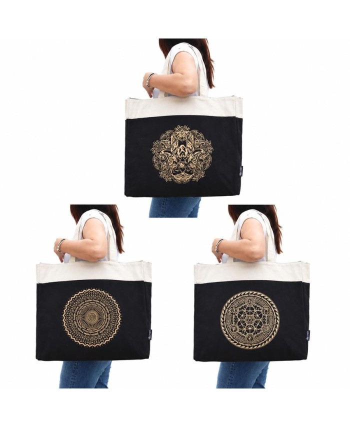 Diseños de los bolsos tote extragrande de algodón con asas largas y diseños místicos dorados.