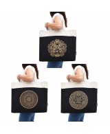 Diseños de los bolsos tote extragrande de algodón con asas largas y diseños místicos dorados.