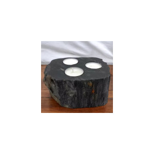 Portavelas triple de madera petrificada natural