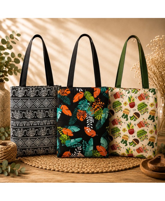 Presentación completa de bolsa tote con cremallera y estampado decorativo.