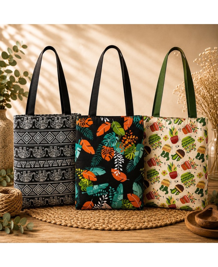 Presentación completa de bolsa tote con cremallera y estampado decorativo.