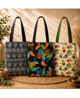 Presentación completa de bolsa tote con cremallera y estampado decorativo.