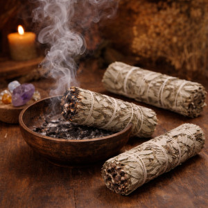 Atados de salvia blanca natural para purificación energética, disponible en tres tamaños.