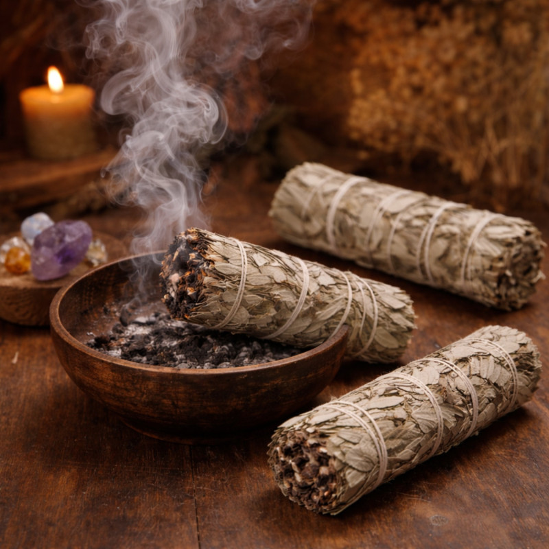 Atados de salvia blanca natural para purificación energética, disponible en tres tamaños.