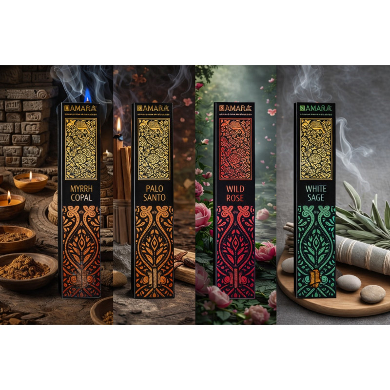 Cajas de incienso extra largo Banjara en cuatro aromas naturales.